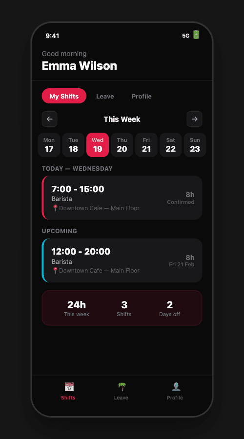 Rosie mobile app showing employee shift schedule