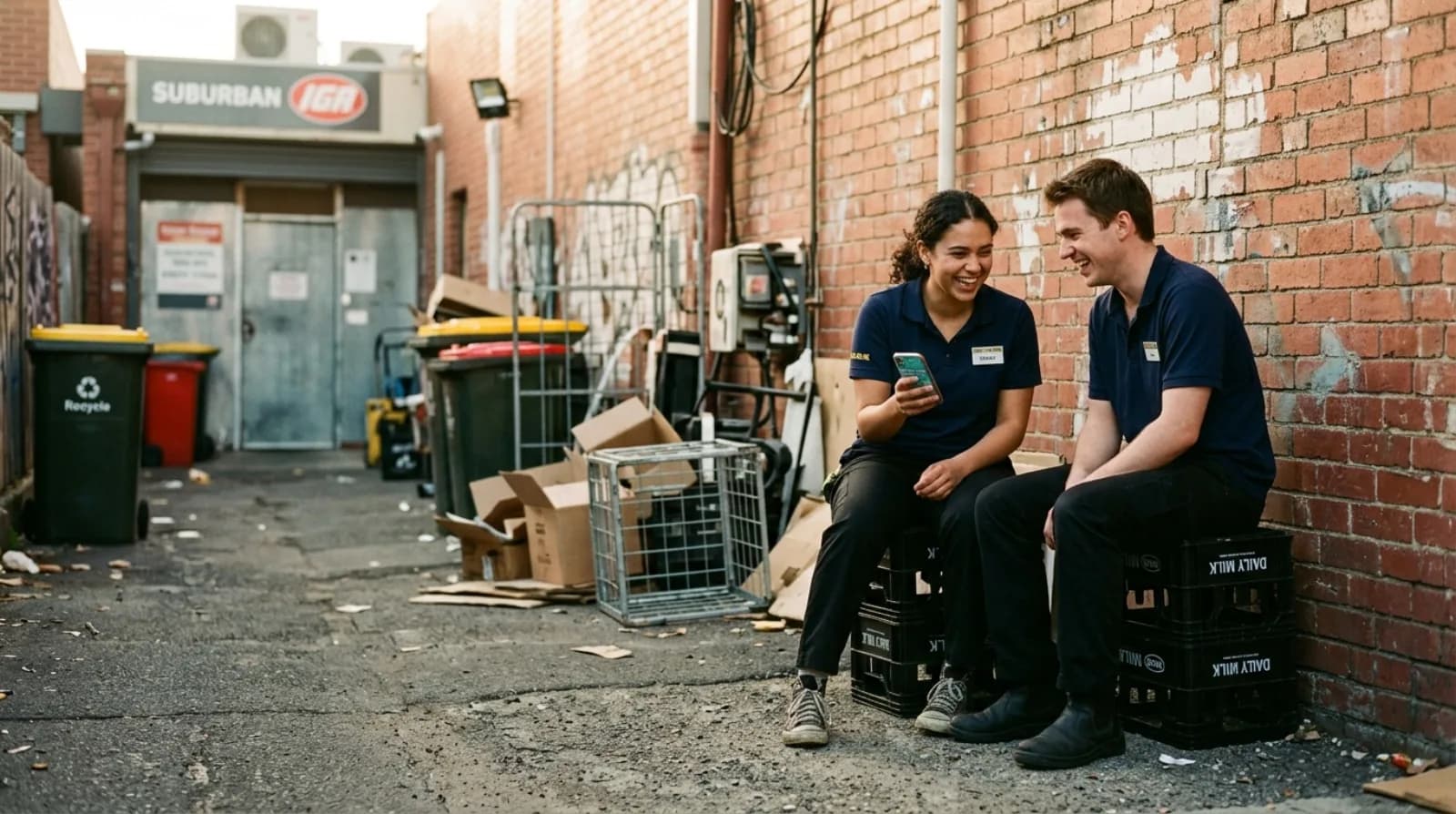 Two hospitality workers on a break out the back of a venue, sitting on milk crates.